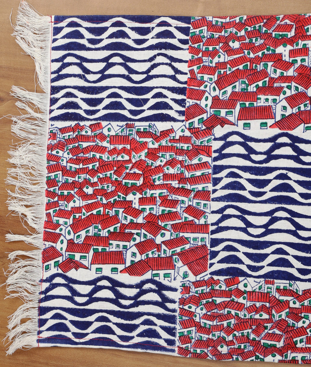 Indha Table Mat &amp; Runner Set | Hand Block Printed Red-White Hut Motif And Blue Design Pattern Cotton Table Mats And Runner Set | Set 0f 6 Table Mats And 1 Runner |