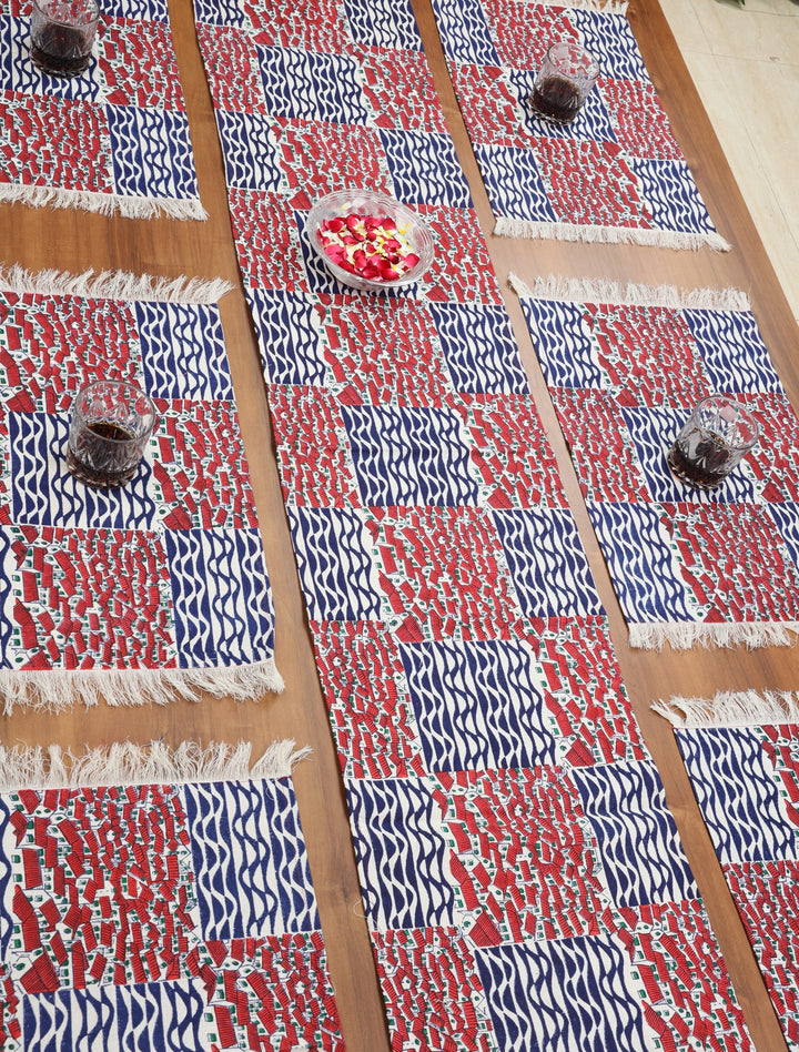 Indha Table Mat &amp; Runner Set | Hand Block Printed Red-White Hut Motif And Blue Design Pattern Cotton Table Mats And Runner Set | Set 0f 6 Table Mats And 1 Runner |