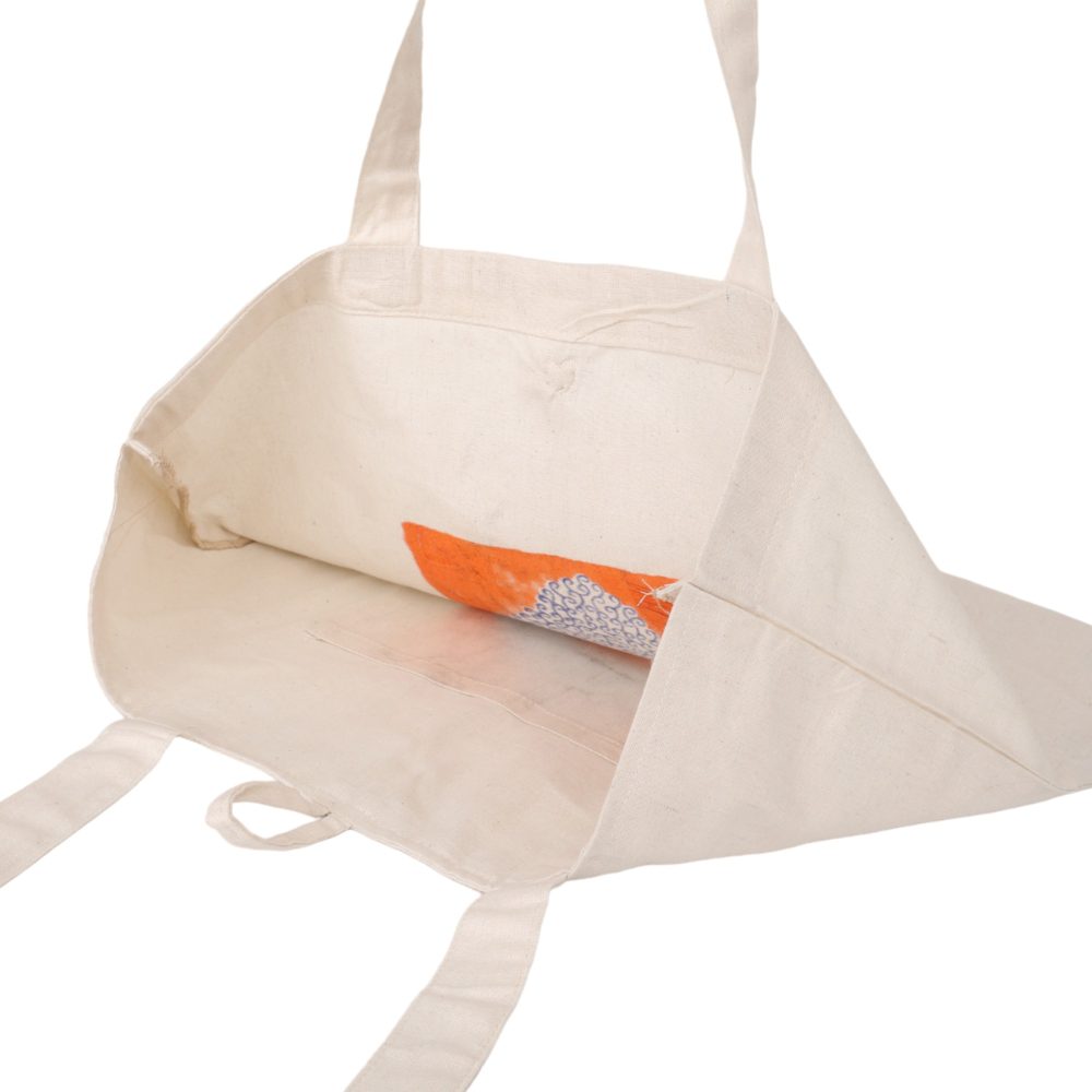 Indha Tote Bag with Lord Buddha Face Print |  Hand Block Printed Natural Cotton Shopping Bag | White and Orange Tote Bag | Eco-Friendly Handcrafted Tote | Single Compartment with Small Pocket | Button Closure | Vibrant and Spacious Bag |