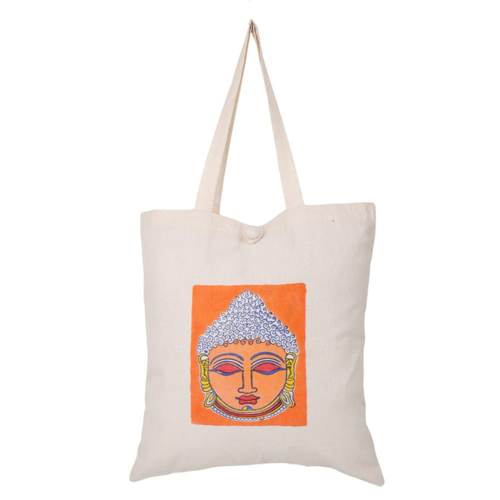 Indha Tote Bag with Lord Buddha Face Print |  Hand Block Printed Natural Cotton Shopping Bag | White and Orange Tote Bag | Eco-Friendly Handcrafted Tote | Single Compartment with Small Pocket | Button Closure | Vibrant and Spacious Bag |