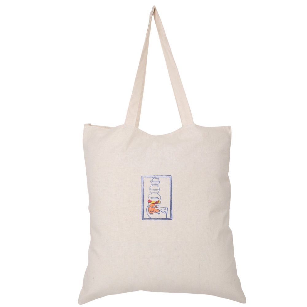 Indha Tote Bag with Lord Buddha Face Print |  Hand Block Printed Natural Cotton Shopping Bag | White and Orange Tote Bag | Eco-Friendly Handcrafted Tote | Single Compartment with Small Pocket | Button Closure | Vibrant and Spacious Bag |