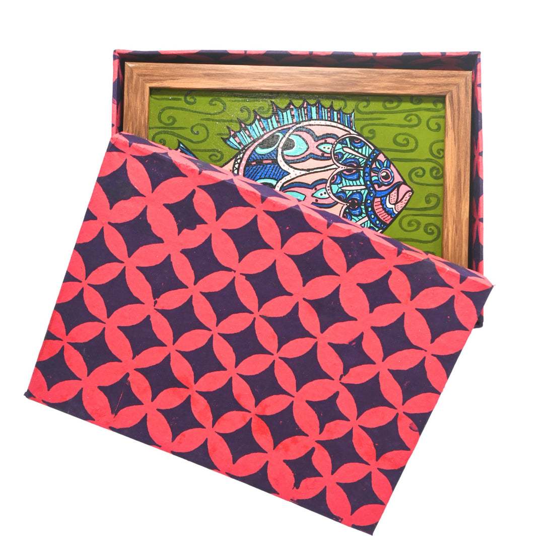 Indha Hand-Painted Boho Fish Wall Art | Upcycled Tablet Painting | Framed in Reclaimed Wood with Vegan Leather Back | Sustainable Acrylic Decor