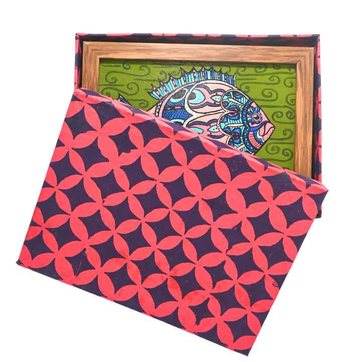 Indha Hand-Painted Boho Fish Wall Art | Upcycled Tablet Painting | Framed in Reclaimed Wood with Vegan Leather Back | Sustainable Acrylic Decor