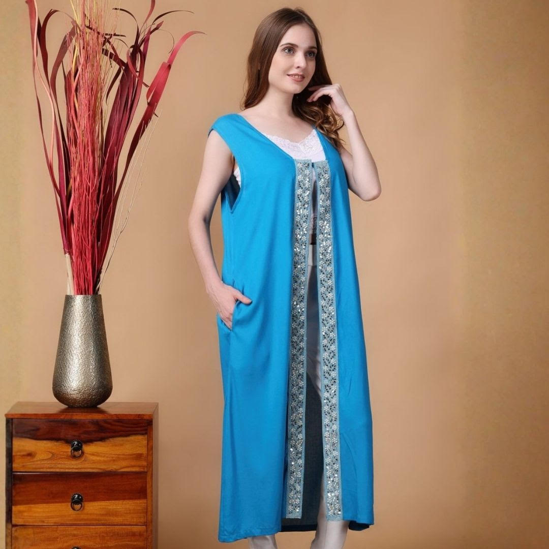 Indha Shrug | Blue Rayon Shrug | Sleeveless Shrug | Shrugs For Women | Traditional Shrugs | Gifting | Fashion Wear | Indo Western Shrug | Fashion Apparel | Ethnic