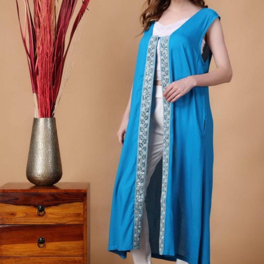 Indha Shrug | Blue Rayon Shrug | Sleeveless Shrug | Shrugs For Women | Traditional Shrugs | Gifting | Fashion Wear | Indo Western Shrug | Fashion Apparel | Ethnic