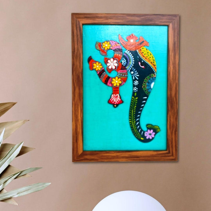 Indha Handpainted Multicolour OM Ganesha Wall Décor | Repurposed Wood Frame with Vegan Leather Back | Ethnic Wood Applique Art