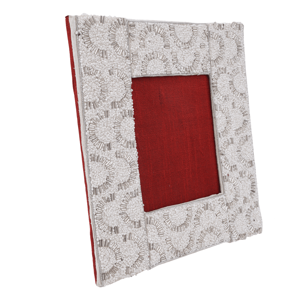 Indha Handcrafted Photo Frame| Unique Design Photo Frame | Table Top Picture Frame | Decorative Photo Frame | White Glass Beads Photo Frame | Zardozi Work Embroidery |