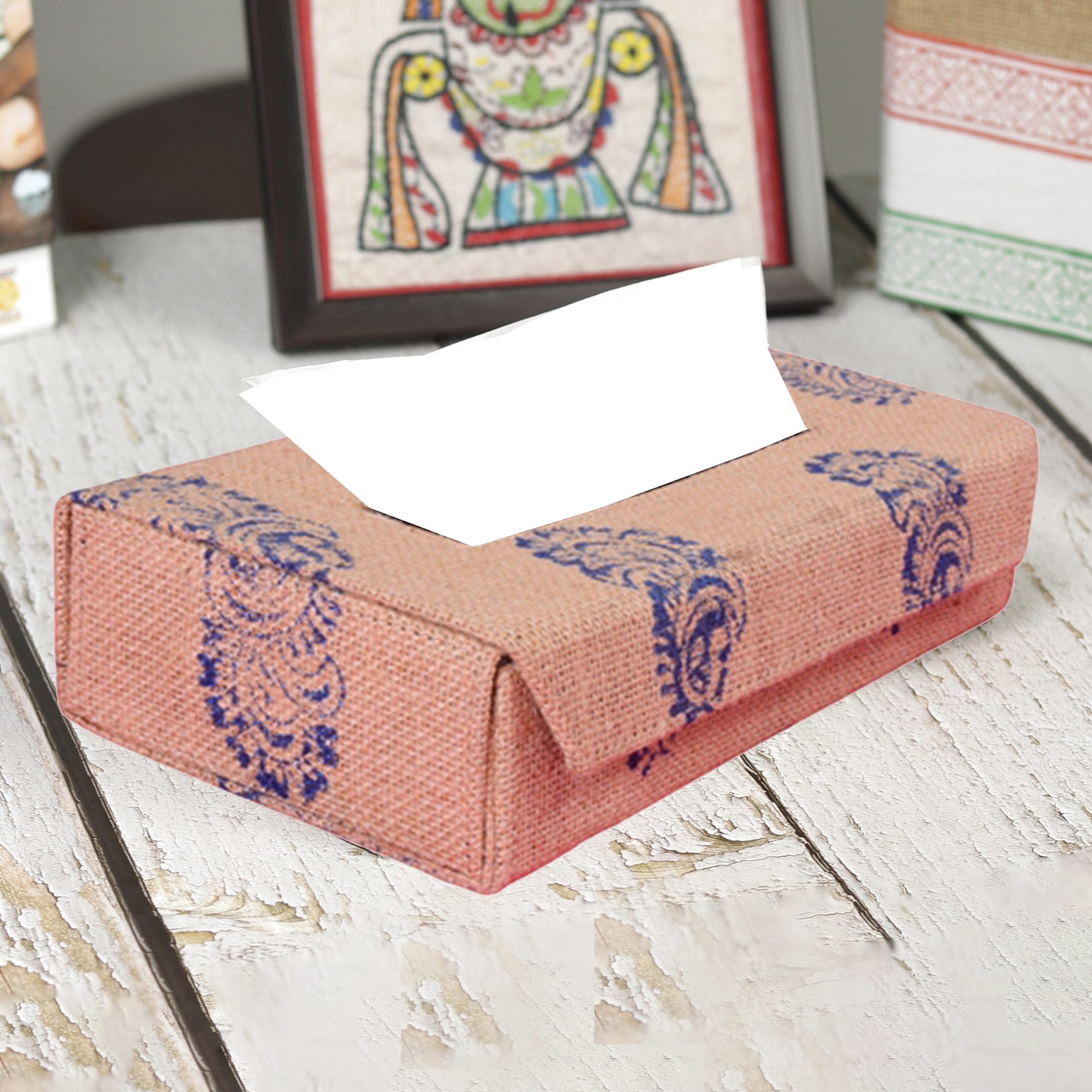 INDHA Handcrafted Tissue Paper Tissue Holder Car Tissue Box in Block  Printed Jute