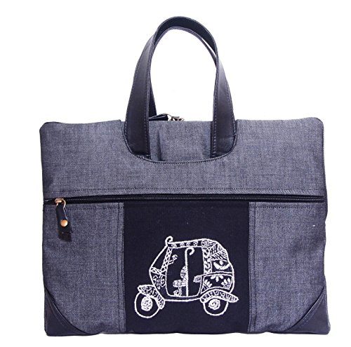 Indha Craft Auto Rickshaw Embroidery 14&quot; Denim Laptop Bag - Curated online shop for handcrafted ...