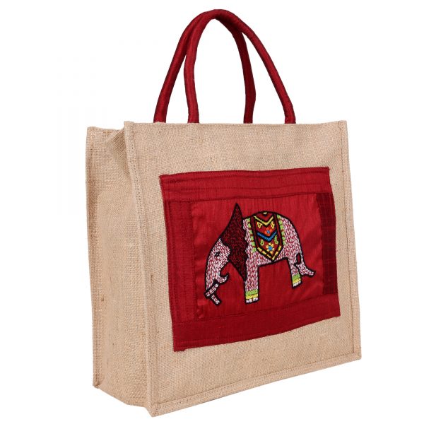 INDHA Eco-Friendly Jute Tiffin Bag For-Office: Hand Embroidered Elephant Embroidery