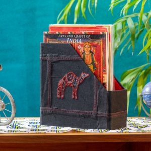 INDHA Handcrafted Camel Embroidery Motif Denim Magazine Holder | Magazine Rack