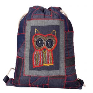 Hand-Embroidered Denim Drawstring Bag