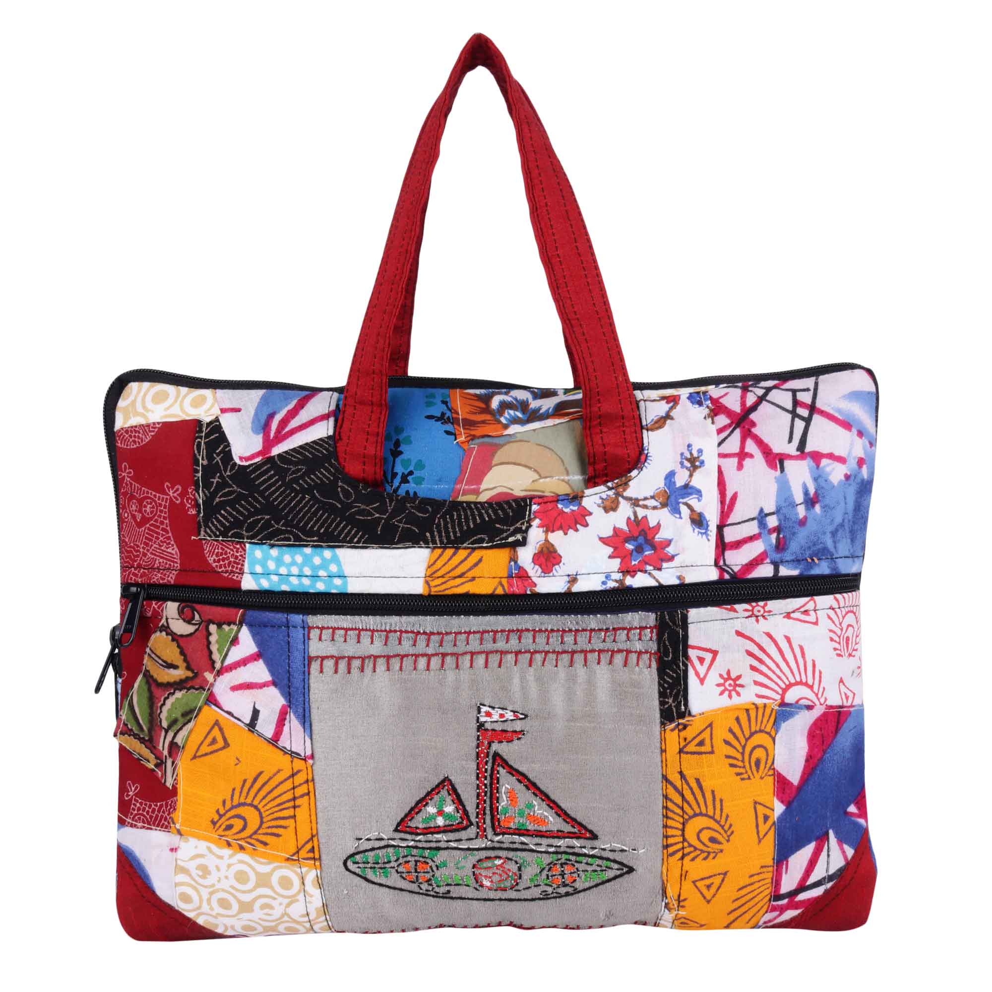 Indha Craft Boat Hand Embroidery Work Cotton Patchwork 14&quot; Laptop Bag for Women (Multicolour ...