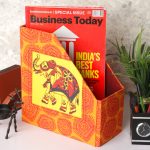 INDHA Hand Block Printed Multiutility Table Top Wooden Magazine Holder Magazine Rack