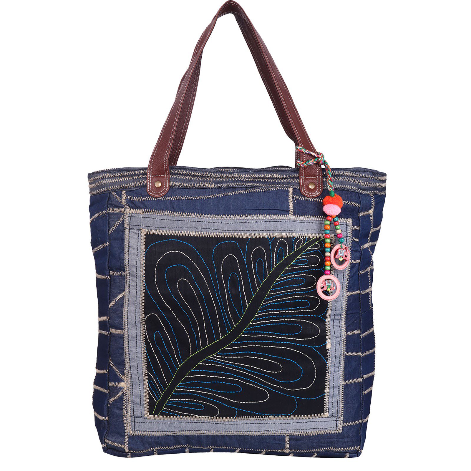 Indha Craft Tote Bag Denim Zig-Zag Leaf Embroidery - Curated online ...