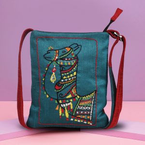 INDHA Traditional Hand Embroidered Camel Design Teal Green Cross Body Sling Bag for Girls/Women
