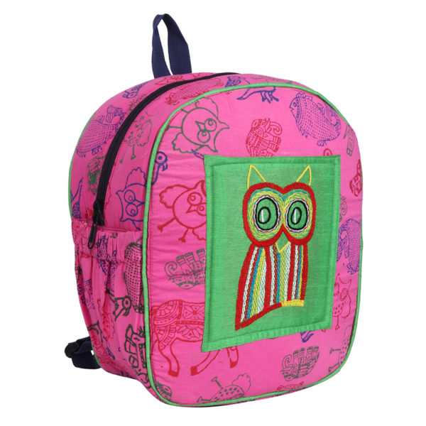 Beautiful Owl Hand Embroidered Pink Colour Kids Bag