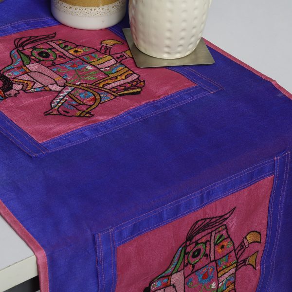 Hand Embroidered Dupion Silk Blue Table Runnerr