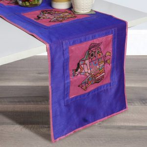 Hand Embroidered Dupion Silk Blue Table Runnerr
