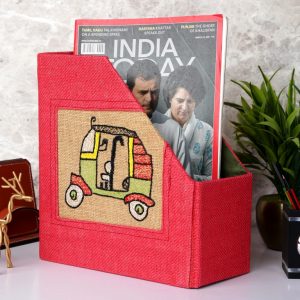 INDHA Auto Rickshaw Embroidered Jute Mdf Table Top Magazine Holder