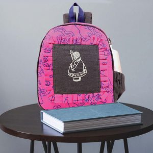School Bag for Kids in Breathable Hand Block Printed Cotton in Pink colour