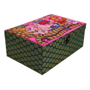 INDHA Brocade Green Colour Hand Embroidered Multiutility Gift Box/ Storage Box/ Jewellery Box/Diwali Gift Box