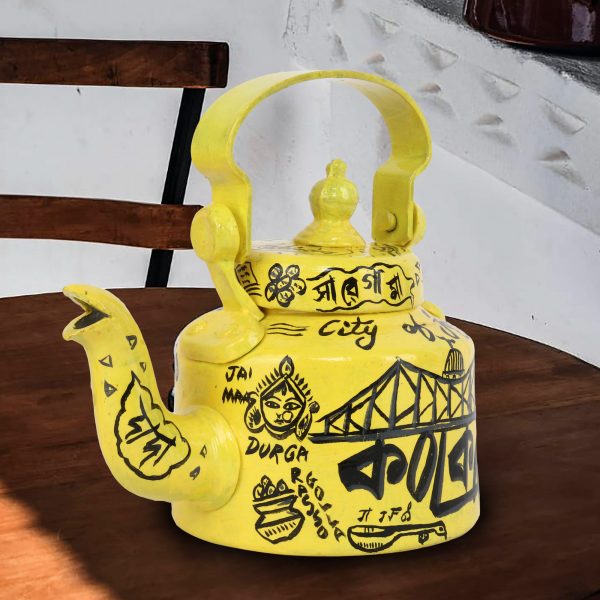 INDHA Kolkata City of Joy Yellow Colour Aluminum Handpainted Tea/Coffee Kettle/Decorative Kettle