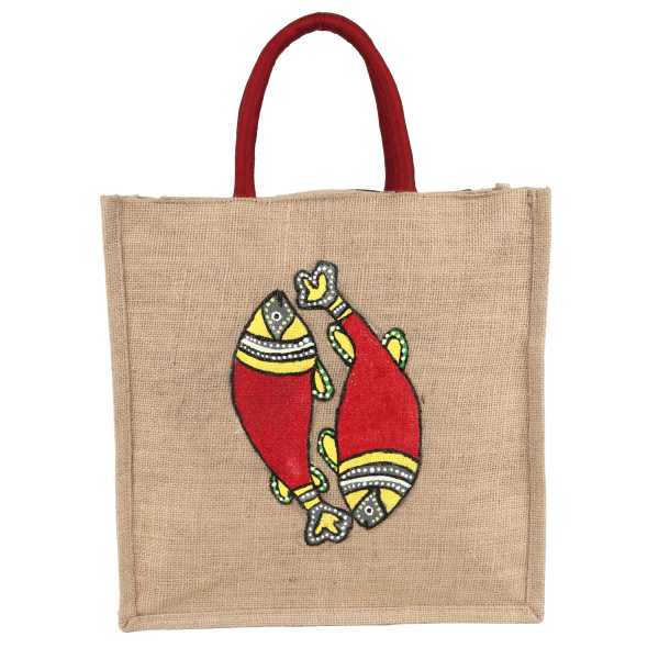 INDHA Eco-Friendly Handpainted Jute Lunch Bag with Fish Design