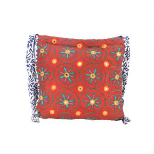 INDHA Kutch Style Multicolor Floral Design Hand Embroidered Red Cotton Stylish Jhola Sling Bag | Blue Floral Block Printed Strap | Handcrafted | Accessory | Fashion | Cross-Body Bag | Jhola Bags | Sling Bags