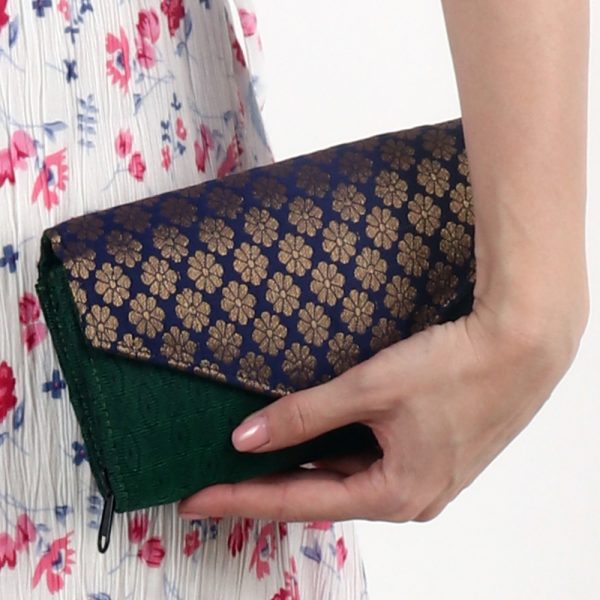 Indha Brocade Work Block Printed Blue & Green Silk Clutch for Weddings/Parties Fashion Utility Accessory Fashion Silk Clutch Block Printed Clutch