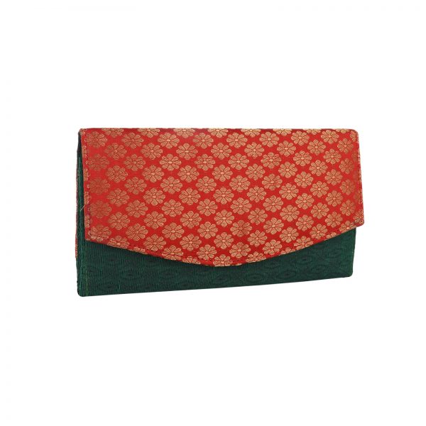 INDHA Clutch Purse in Red and Green Silk Brocade Eco-Fashion Handcrafted Silk Clutch Block-printed Clutch Fashion Utility Accessory Eco-friendly product