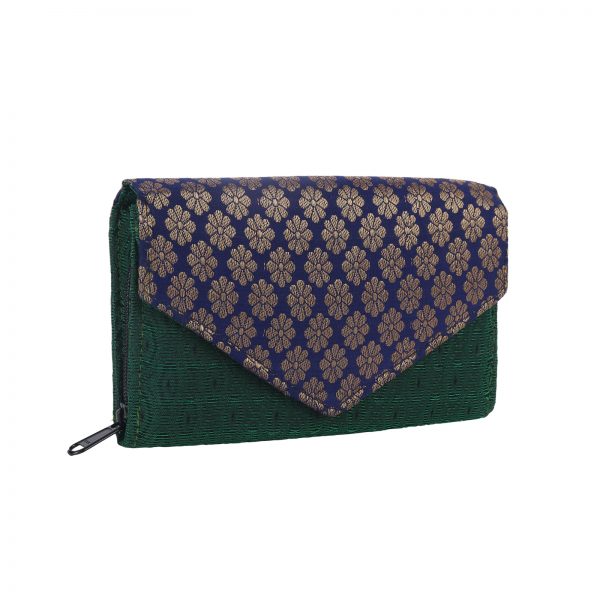 Indha Brocade Work Block Printed Blue & Green Silk Clutch for Weddings/Parties Fashion Utility Accessory Fashion Silk Clutch Block Printed Clutch