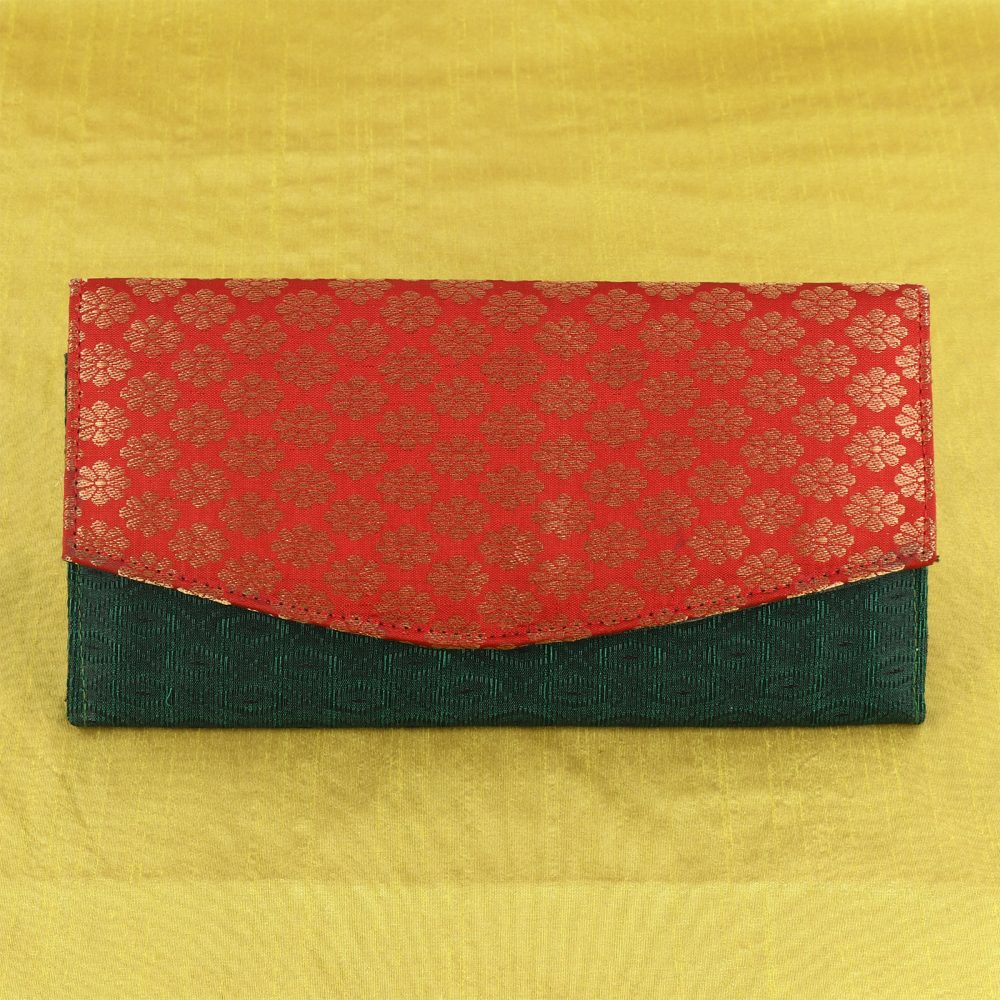 INDHA Clutch Purse in Red and Green Silk Brocade | Eco-Fashion |  Handcrafted Silk Clutch | Block-printed Clutch | Fashion Utility |  Accessory | Eco-friendly product - Curated online shop for handcrafted