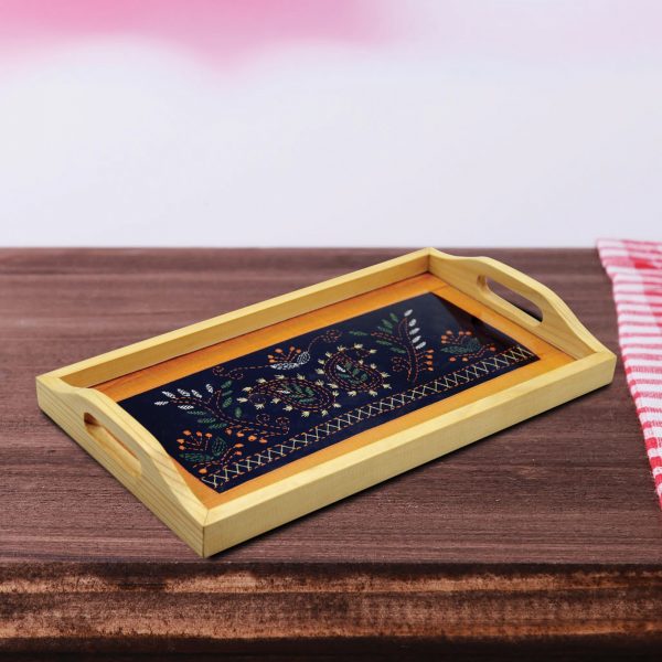 Multicolour Hand Embroidered Wooden Serving Tray/Glass Tray for Dining Table