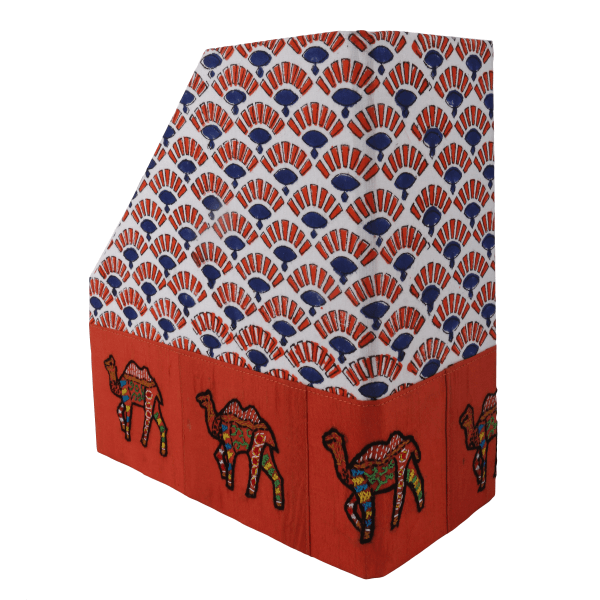 INDHA Hand-Crafted and Special Handmade Magazine Holder with Rajasthani Block Print and Camel Embroidery on Silk