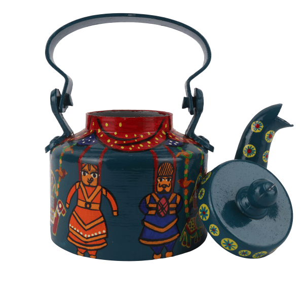 INDHA Rajasthani Puppet Hand painted Decorative Aluminum Teal Green Kettle Home Décor Hand Painted