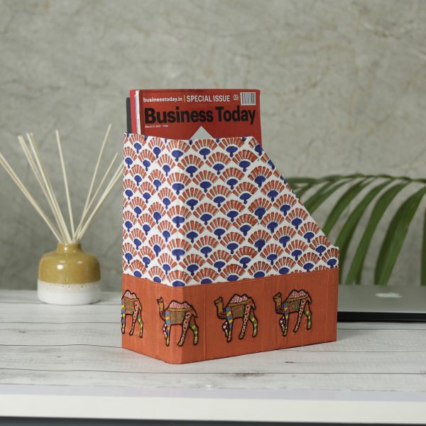 INDHA Hand-Crafted and Special Handmade Magazine Holder with Rajasthani Block Print and with Kite Embroidery on Silk