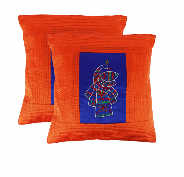 Multicolor Peacock Hand Embroidered Dupion Silk Blue & Orange Throw Cushion Cover (Set of 2) Throw Cushion Covers Home Décor Home Furnishing Corporate Gifting Hand Embroidered Cushion Cover