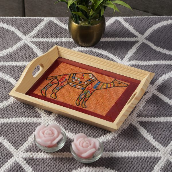 Pinewood Serving Tray with Camel Embroidery