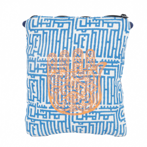 INDHA Hand of Fatima Embroidered With Block Printed Blue White Line Design Cotton & Dupion Silk Sling Bag | Accessory | Fashion | Cross Body Bag