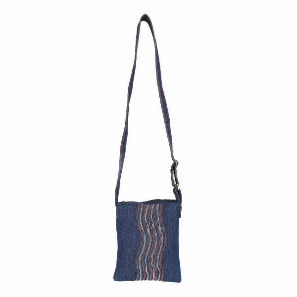 INDHA Blue Denim Sling Bag with Zigzag Lines Pattern Hand Embroidered | Accessory | Fashion | Cross Body Bag