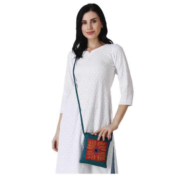 INDHA Kantha Work Embroidered Dupion Silk Teal Green & Orange Sling Bag | Accessory | Fashion | Cross Body Bag