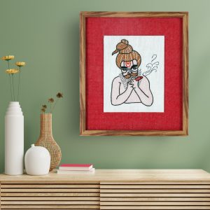 INDHA Portrait of a Baba Hand Embroidered on White Dupion Silk, Red Jute & Processed Wood Brown Wooden Frame Wall Decor Wall Furnishing Home Décor Home Furnishing Corporate Gifting Eco-Friendly