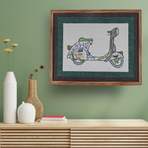 INDHA Hand-Embroidered Dupion Silk Wall-Art of Multicolor Scooter