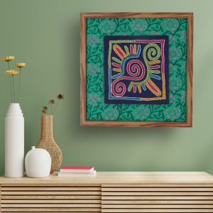 INDHA Multicolor Art Design Hand Embroidered on Blue Cotton, Floral Design Motif Block Printed on Green Cotton & Processed Wood Brown Wooden Frame Wall Decor Wall Furnishing Home Décor