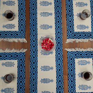 Indha Table Mat & Runner Set Hand Block Printed Blue Floral Design Motif Cotton Canvas Table Mats And Runner Set Set 0f 6 Table Mats And 1 Runner Hand Block Printed Table Mats Home Utility