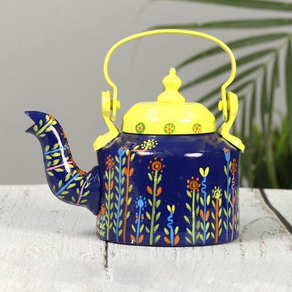 Hand-painted Metallic Kettle In Blue And Yellow