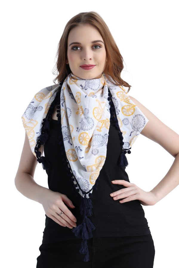 INDHA Scarf with Block-printed Cycle motifs | White Scarf for girls and women | Corporate Gifting | Gifting | Eco-fashion
