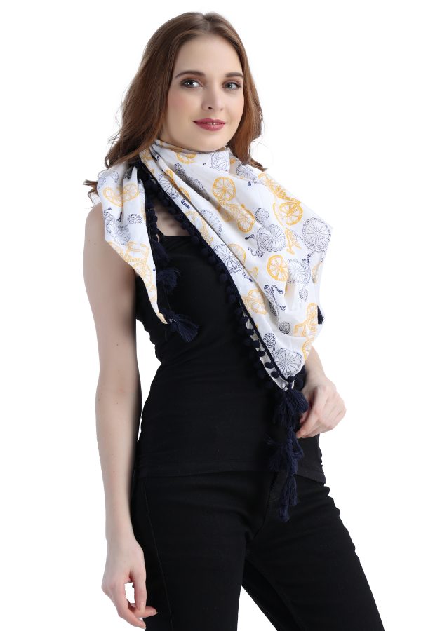 INDHA Scarf with Block-printed Cycle motifs | White Scarf for girls and women | Corporate Gifting | Gifting | Eco-fashion