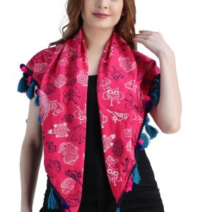 INDHA Scarf in Hand Block-printed Cotton with Tassels | Corporate Gifting | Eco-fashion | Sustainable Apparel | Pink and Blue Scarf